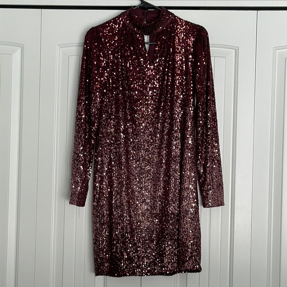 Burgundy Sequin Mini Dress with Long Sleeves